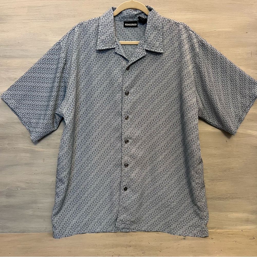 ODO Pale Blue Graphic Print Short Sleeve Button Down Shirt XL Like‎ New